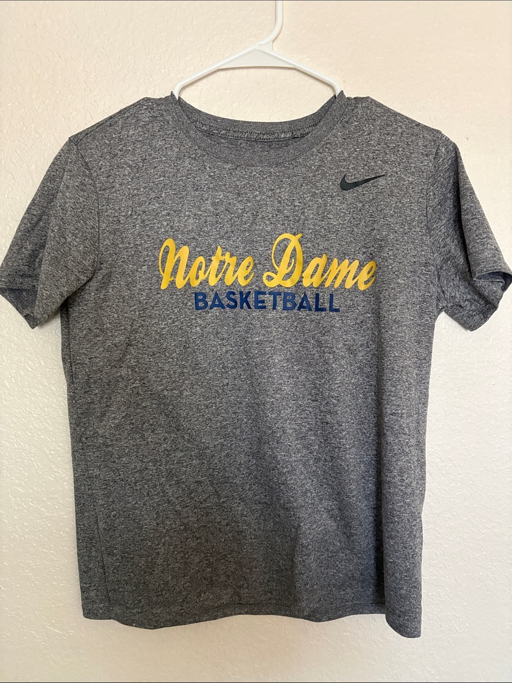 Nike Gray Notre Dame Basketball Crew Tee with Yellow & Blue Script